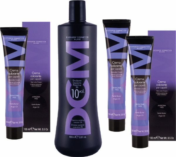 DCM Crema colorante - Haarfarbe ohne Ammoniak + DCM Oxidations-Emulsion - Oxydant / Entwickler - 3x 100 ml + 1x 1000 ml