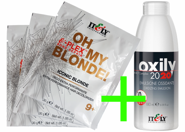 Itely - Oh My Blonde - Iconic Blonde - Blaues Blondierpulver + Itely Oxily Oxidations-Emulsion - Oxydant / Entwickler - 3x 30 g + 1x 180 ml