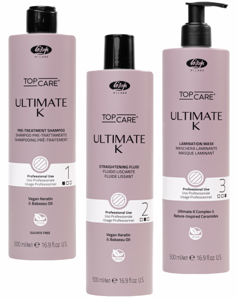 Lisap Top Care Ultimate K Pre-Treatment Shampoo + Straightening Fluid + Lamination Mask - Haarglättungs-Fluid inkl. Vorbehandlung & Nachbehandlung - 3x 500 ml